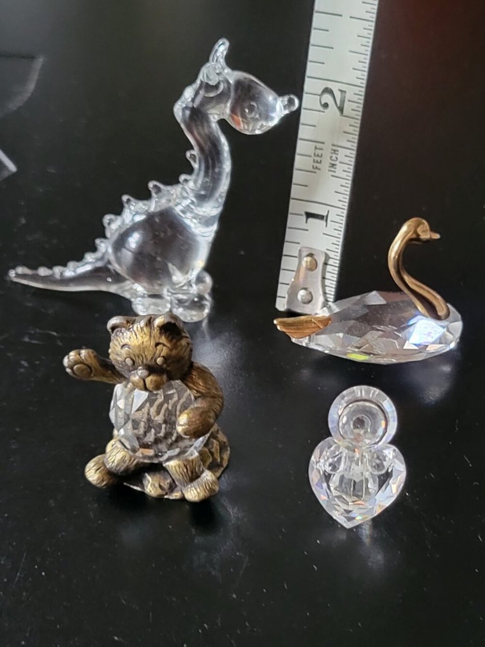 Lot of 4 Crystal miniature Figurines: Angel Swan duck Bird, Bear Dragon w/ Brass